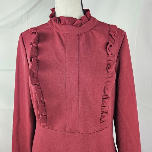 Sharagano Red Ruffle Front Mock Neck Dress Women’s 8 Long Sleeve Knee Length - Picture 3 of 9